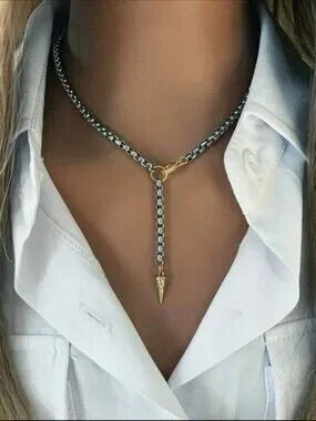 Modern Two Tone Box Chain Drop Necklace
